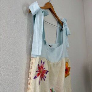 Fanm Mon (L) Cream & Blue Linen Floral Side Button Shoulder Tie Midi Sun Dress